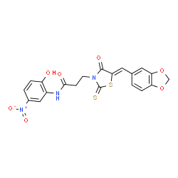 ChemSpider 2D Image | 3-[(5Z)-5-(1,3-Benzodioxol-5-ylmethylene)-4-oxo-2-thioxo-1,3-thiazolidin-3-yl]-N-(2-hydroxy-5-nitrophenyl)propanamide | C20H15N3O7S2