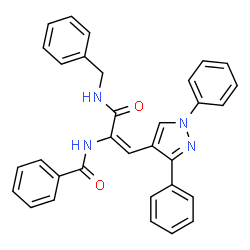 ChemSpider 2D Image | N-[(1E)-3-(Benzylamino)-1-(1,3-diphenyl-1H-pyrazol-4-yl)-3-oxo-1-propen-2-yl]benzamide | C32H26N4O2