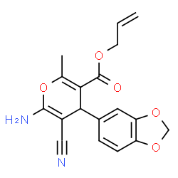 ChemSpider 2D Image | Allyl 6-amino-4-(1,3-benzodioxol-5-yl)-5-cyano-2-methyl-4H-pyran-3-carboxylate | C18H16N2O5