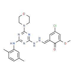 ChemSpider 2D Image | (6E)-4-Chloro-6-[(2-{4-[(2,5-dimethylphenyl)amino]-6-(4-morpholinyl)-1,3,5-triazin-2-yl}hydrazino)methylene]-2-methoxy-2,4-cyclohexadien-1-one | C23H26ClN7O3