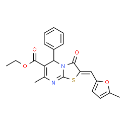 ChemSpider 2D Image | Ethyl (2Z)-7-methyl-2-[(5-methyl-2-furyl)methylene]-3-oxo-5-phenyl-2,3-dihydro-5H-[1,3]thiazolo[3,2-a]pyrimidine-6-carboxylate | C22H20N2O4S