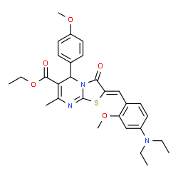 ChemSpider 2D Image | Ethyl (2Z)-2-[4-(diethylamino)-2-methoxybenzylidene]-5-(4-methoxyphenyl)-7-methyl-3-oxo-2,3-dihydro-5H-[1,3]thiazolo[3,2-a]pyrimidine-6-carboxylate | C29H33N3O5S