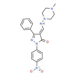 ChemSpider 2D Image | (4E)-4-{[(4-Methyl-1-piperazinyl)amino]methylene}-2-(4-nitrophenyl)-5-phenyl-2,4-dihydro-3H-pyrazol-3-one | C21H22N6O3