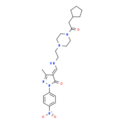 ChemSpider 2D Image | (4E)-4-[({2-[4-(Cyclopentylacetyl)-1-piperazinyl]ethyl}amino)methylene]-5-methyl-2-(4-nitrophenyl)-2,4-dihydro-3H-pyrazol-3-one | C24H32N6O4