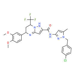 ChemSpider 2D Image | N-[1-(4-Chlorobenzyl)-5-methyl-1H-pyrazol-3-yl]-5-(3,4-dimethoxyphenyl)-7-(trifluoromethyl)-1,5,6,7-tetrahydropyrazolo[1,5-a]pyrimidine-2-carboxamide | C27H26ClF3N6O3