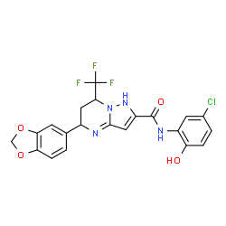 ChemSpider 2D Image | 5-(1,3-Benzodioxol-5-yl)-N-(5-chloro-2-hydroxyphenyl)-7-(trifluoromethyl)-1,5,6,7-tetrahydropyrazolo[1,5-a]pyrimidine-2-carboxamide | C21H16ClF3N4O4