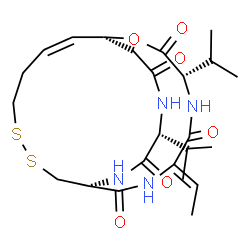 ChemSpider 2D Image | (1S,4S,7Z,10S,16Z,21R)-7-Ethylidene-4,21-diisopropyl-2-oxa-12,13-dithia-5,8,20,23-tetraazabicyclo[8.7.6]tricos-16-ene-3,6,9,19,22-pentone | C24H36N4O6S2