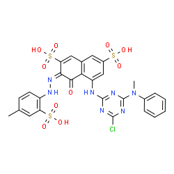 ChemSpider 2D Image | (3E)-5-({4-Chloro-6-[methyl(phenyl)amino]-1,3,5-triazin-2-yl}amino)-3-[(4-methyl-2-sulfophenyl)hydrazono]-4-oxo-3,4-dihydro-2,7-naphthalenedisulfonic acid | C27H22ClN7O10S3