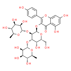 ChemSpider 2D Image | 5,7-Dihydroxy-2-(4-hydroxyphenyl)-4-oxo-4H-chromen-3-yl 6-deoxy-alpha-L-mannopyranosyl-(1->2)-[6-deoxy-alpha-L-mannopyranosyl-(1->3)]-alpha-D-galactopyranoside | C33H40O19
