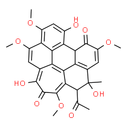 ChemSpider 2D Image | 4-Acetyl-1,5,9-trihydroxy-3,7,11,12-tetramethoxy-5-methyl-5,8a-dihydro-2H-cyclohepta[ghi]perylene-2,8(4H)-dione | C30H26O10