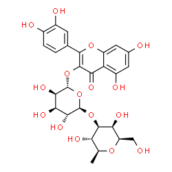 ChemSpider 2D Image | 3-{[(2R,3R,4R,5R,6R)-6-{[(2R,3S,4R,5S,6S)-3,5-Dihydroxy-2-(hydroxymethyl)-6-methyltetrahydro-2H-pyran-4-yl]oxy}-3,4,5-trihydroxytetrahydro-2H-pyran-2-yl]oxy}-2-(3,4-dihydroxyphenyl)-5,7-dihydroxy-4H-c
hromen-4-one | C27H30O16