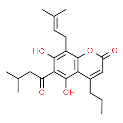 ChemSpider 2D Image | Coumarin, 5,7-dihydroxy-6-isovaleryl-8-(3-methyl-2-butenyl)-4-propyl- | C22H28O5