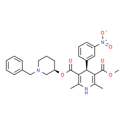 ChemSpider 2D Image | (3R)-1-Benzyl-3-piperidinyl methyl (4S)-2,6-dimethyl-4-(3-nitrophenyl)-1,4-dihydro-3,5-pyridinedicarboxylate | C28H31N3O6