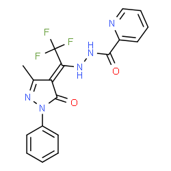 ChemSpider 2D Image | N'-[(1Z)-2,2,2-Trifluoro-1-(3-methyl-5-oxo-1-phenyl-1,5-dihydro-4H-pyrazol-4-ylidene)ethyl]-2-pyridinecarbohydrazide | C18H14F3N5O2