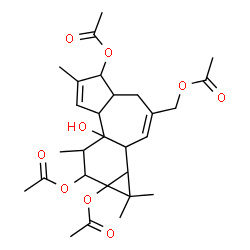ChemSpider 2D Image | 3-(Acetoxymethyl)-7b-hydroxy-1,1,6,8-tetramethyl-1,1a,1b,4,4a,5,7a,7b,8,9-decahydro-9aH-cyclopropa[3,4]benzo[1,2-e]azulene-5,9,9a-triyl triacetate | C28H38O9
