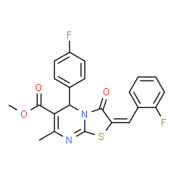 ChemSpider 2D Image | Methyl (2E)-2-(2-fluorobenzylidene)-5-(4-fluorophenyl)-7-methyl-3-oxo-2,3-dihydro-5H-[1,3]thiazolo[3,2-a]pyrimidine-6-carboxylate | C22H16F2N2O3S