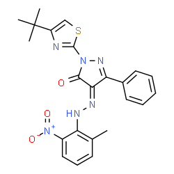 ChemSpider 2D Image | (4Z)-2-(4-tert-Butyl-1,3-thiazol-2-yl)-4-[(2-methyl-6-nitrophenyl)hydrazono]-5-phenyl-2,4-dihydro-3H-pyrazol-3-one | C23H22N6O3S