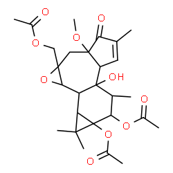 ChemSpider 2D Image | 2a-(Acetoxymethyl)-6b-hydroxy-3a-methoxy-1,1,5,7-tetramethyl-4-oxo-1,1a,1b,1c,2a,3,3a,4,6a,6b,7,8-dodecahydro-8aH-cyclopropa[5',6']benzo[1',2':7,8]azuleno[5,6-b]oxirene-8,8a-diyl diacetate | C27H36O10
