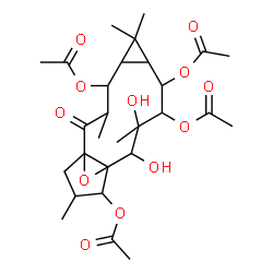 ChemSpider 2D Image | 10,11-Dihydroxy-3,6,6,10,14-pentamethyl-2-oxo-16-oxatetracyclo[10.3.1.0~1,12~.0~5,7~]hexadecane-4,8,9,13-tetrayl tetraacetate | C28H40O12