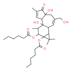 ChemSpider 2D Image | 4a,7b-Dihydroxy-3-(hydroxymethyl)-1,1,6,8-tetramethyl-5-oxo-1,1a,1b,4,4a,5,7a,7b,8,9-decahydro-9aH-cyclopropa[3,4]benzo[1,2-e]azulene-9,9a-diyl dihexanoate | C32H48O8