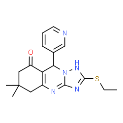 ChemSpider 2D Image | [1,2,4]triazolo[5,1-b]quinazolin-8(4H)-one, 2-(ethylthio)-5,6,7,9-tetrahydro-6,6-dimethyl-9-(3-pyridinyl)- | C18H21N5OS