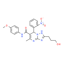 ChemSpider 2D Image | 2-(3-Hydroxypropyl)-N-(4-methoxyphenyl)-5-methyl-7-(2-nitrophenyl)-1,7-dihydro[1,2,4]triazolo[1,5-a]pyrimidine-6-carboxamide | C23H24N6O5