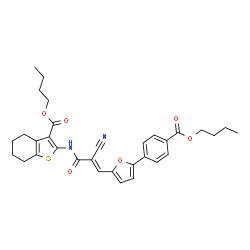 ChemSpider 2D Image | Butyl 2-{[(2E)-3-{5-[4-(butoxycarbonyl)phenyl]-2-furyl}-2-cyano-2-propenoyl]amino}-4,5,6,7-tetrahydro-1-benzothiophene-3-carboxylate | C32H34N2O6S