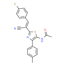 ChemSpider 2D Image | N-{2-[(E)-1-Cyano-2-(4-fluorophenyl)vinyl]-4-(4-methylphenyl)-1,3-thiazol-5-yl}acetamide | C21H16FN3OS