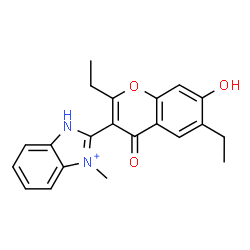 ChemSpider 2D Image | 2-(2,6-Diethyl-7-hydroxy-4-oxo-4H-chromen-3-yl)-3-methyl-1H-3,1-benzimidazol-3-ium | C21H21N2O3