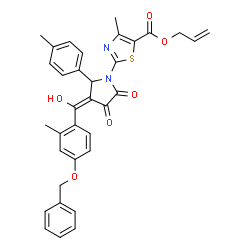 ChemSpider 2D Image | Allyl 2-[(3E)-3-{[4-(benzyloxy)-2-methylphenyl](hydroxy)methylene}-2-(4-methylphenyl)-4,5-dioxo-1-pyrrolidinyl]-4-methyl-1,3-thiazole-5-carboxylate | C34H30N2O6S
