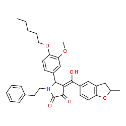 ChemSpider 2D Image | (4E)-4-[Hydroxy(2-methyl-2,3-dihydro-1-benzofuran-5-yl)methylene]-5-[3-methoxy-4-(pentyloxy)phenyl]-1-(2-phenylethyl)-2,3-pyrrolidinedione | C34H37NO6