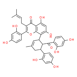 ChemSpider 2D Image | 8-[6-(2,4-Dihydroxybenzoyl)-5-(2,4-dihydroxyphenyl)-3-methyl-2-cyclohexen-1-yl]-2-(2,4-dihydroxyphenyl)-5,7-dihydroxy-3-(3-methyl-2-buten-1-yl)-4H-chromen-4-one | C40H36O11