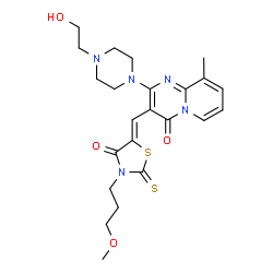 ChemSpider 2D Image | 2-[4-(2-Hydroxyethyl)-1-piperazinyl]-3-{(Z)-[3-(3-methoxypropyl)-4-oxo-2-thioxo-1,3-thiazolidin-5-ylidene]methyl}-9-methyl-4H-pyrido[1,2-a]pyrimidin-4-one | C23H29N5O4S2