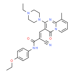 ChemSpider 2D Image | (2E)-2-Cyano-N-(4-ethoxyphenyl)-3-[2-(4-ethyl-1-piperazinyl)-9-methyl-4-oxo-4H-pyrido[1,2-a]pyrimidin-3-yl]acrylamide | C27H30N6O3