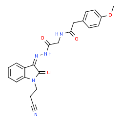 ChemSpider 2D Image | N-(2-{(2Z)-2-[1-(2-Cyanoethyl)-2-oxo-1,2-dihydro-3H-indol-3-ylidene]hydrazino}-2-oxoethyl)-2-(4-methoxyphenyl)acetamide | C22H21N5O4