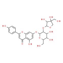 ChemSpider 2D Image | 5-Hydroxy-2-(4-hydroxyphenyl)-4-oxo-4H-chromen-7-yl 2-O-[3,4-dihydroxy-4-(hydroxymethyl)tetrahydro-2-furanyl]hexopyranoside | C26H28O14