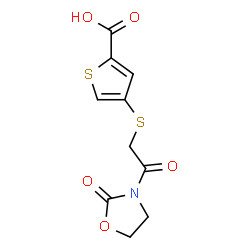 ChemSpider 2D Image | 4-{[2-Oxo-2-(2-oxo-1,3-oxazolidin-3-yl)ethyl]sulfanyl}-2-thiophenecarboxylic acid | C10H9NO5S2