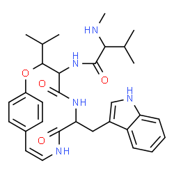 ChemSpider 2D Image | N-[(10Z)-7-(1H-Indol-3-ylmethyl)-3-isopropyl-5,8-dioxo-2-oxa-6,9-diazabicyclo[10.2.2]hexadeca-1(14),10,12,15-tetraen-4-yl]-N~2~-methylvalinamide | C31H39N5O4