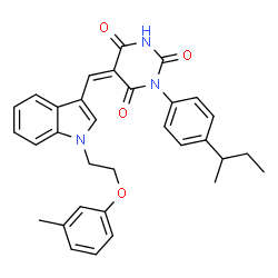 ChemSpider 2D Image | (5Z)-1-(4-sec-Butylphenyl)-5-({1-[2-(3-methylphenoxy)ethyl]-1H-indol-3-yl}methylene)-2,4,6(1H,3H,5H)-pyrimidinetrione | C32H31N3O4