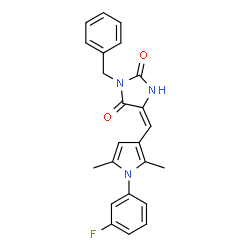ChemSpider 2D Image | (5E)-3-Benzyl-5-{[1-(3-fluorophenyl)-2,5-dimethyl-1H-pyrrol-3-yl]methylene}-2,4-imidazolidinedione | C23H20FN3O2