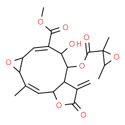 ChemSpider 2D Image | Methyl (2E,9Z)-5-{[(2,3-dimethyl-2-oxiranyl)carbonyl]oxy}-4-hydroxy-10-methyl-6-methylene-7-oxo-1a,4,5,5a,6,7,8a,10a-octahydrooxireno[7,8]cyclodeca[1,2-b]furan-3-carboxylate | C21H24O9