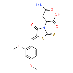 ChemSpider 2D Image | 4-Amino-2-[(5Z)-5-(2,4-dimethoxybenzylidene)-4-oxo-2-thioxo-1,3-thiazolidin-3-yl]-4-oxobutanoic acid | C16H16N2O6S2