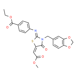 ChemSpider 2D Image | Ethyl 4-{(Z)-[(5E)-3-(1,3-benzodioxol-5-ylmethyl)-5-(2-methoxy-2-oxoethylidene)-4-oxo-1,3-thiazolidin-2-ylidene]amino}benzoate | C23H20N2O7S