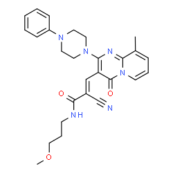 ChemSpider 2D Image | (2E)-2-Cyano-N-(3-methoxypropyl)-3-[9-methyl-4-oxo-2-(4-phenyl-1-piperazinyl)-4H-pyrido[1,2-a]pyrimidin-3-yl]acrylamide | C27H30N6O3