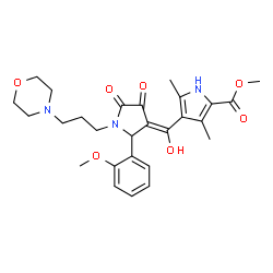 ChemSpider 2D Image | Methyl 4-[(E)-hydroxy{2-(2-methoxyphenyl)-1-[3-(4-morpholinyl)propyl]-4,5-dioxo-3-pyrrolidinylidene}methyl]-3,5-dimethyl-1H-pyrrole-2-carboxylate | C27H33N3O7