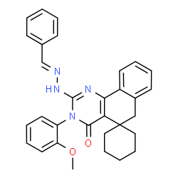 ChemSpider 2D Image | 2-[(2E)-2-Benzylidenehydrazino]-3-(2-methoxyphenyl)-3H-spiro[benzo[h]quinazoline-5,1'-cyclohexan]-4(6H)-one | C31H30N4O2