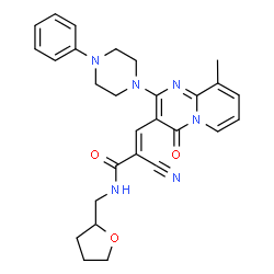 ChemSpider 2D Image | (2E)-2-Cyano-3-[9-methyl-4-oxo-2-(4-phenyl-1-piperazinyl)-4H-pyrido[1,2-a]pyrimidin-3-yl]-N-(tetrahydro-2-furanylmethyl)acrylamide | C28H30N6O3