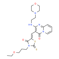 ChemSpider 2D Image | 3-{(Z)-[3-(3-Ethoxypropyl)-4-oxo-2-thioxo-1,3-thiazolidin-5-ylidene]methyl}-2-{[2-(4-morpholinyl)ethyl]amino}-4H-pyrido[1,2-a]pyrimidin-4-one | C23H29N5O4S2