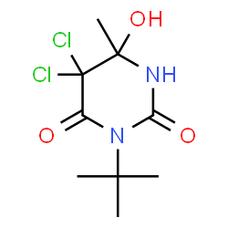 ChemSpider 2D Image | 5,5-Dichloro-6-hydroxy-6-methyl-3-(2-methyl-2-propanyl)dihydro-2,4(1H,3H)-pyrimidinedione | C9H14Cl2N2O3