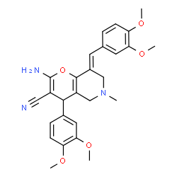 ChemSpider 2D Image | (8E)-2-Amino-8-(3,4-dimethoxybenzylidene)-4-(3,4-dimethoxyphenyl)-6-methyl-5,6,7,8-tetrahydro-4H-pyrano[3,2-c]pyridine-3-carbonitrile | C27H29N3O5